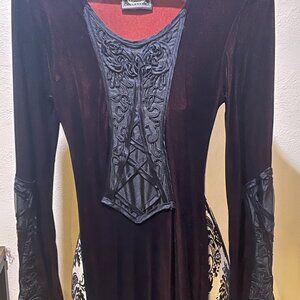 Vintage Y2K Long Burgundy Black Velvet Goth Dress size Small